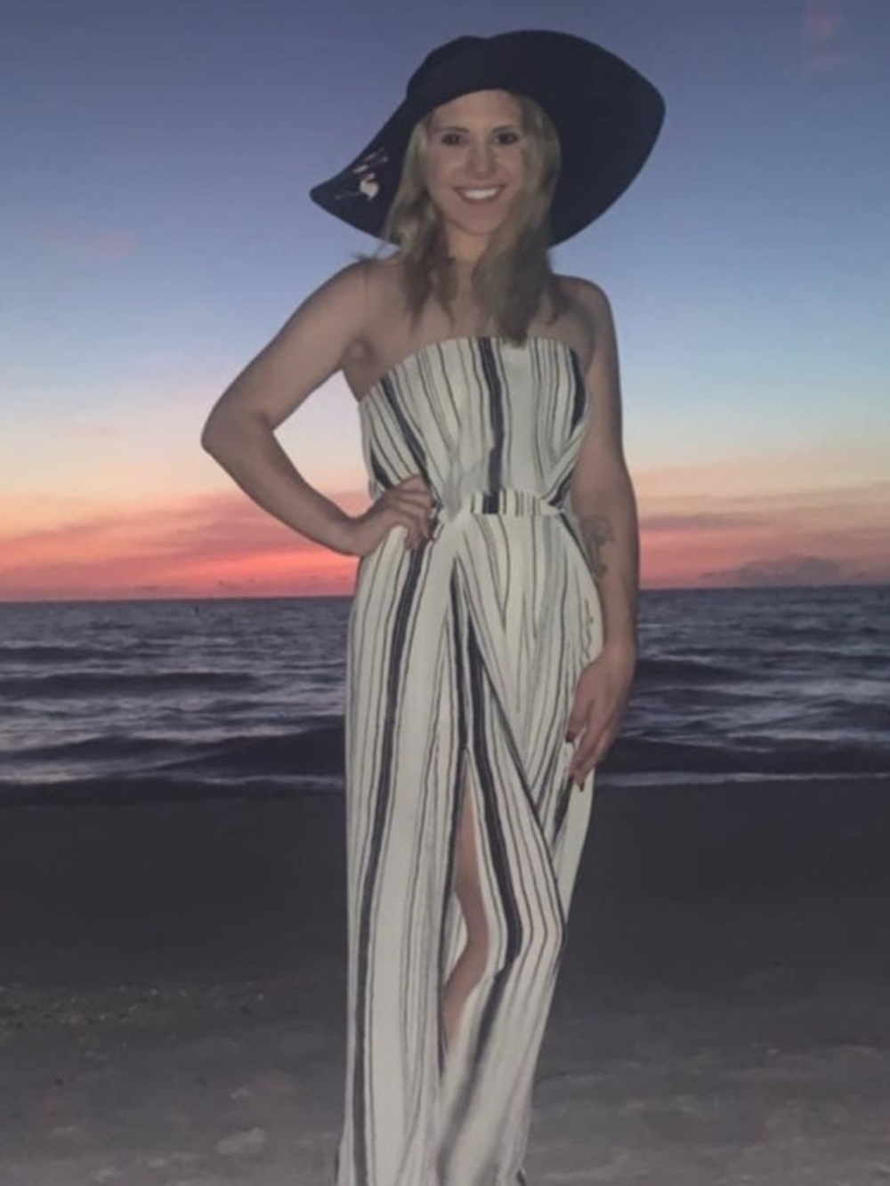 Blue Blush White Strapless Jumpsuit with Black & Navy Stripes